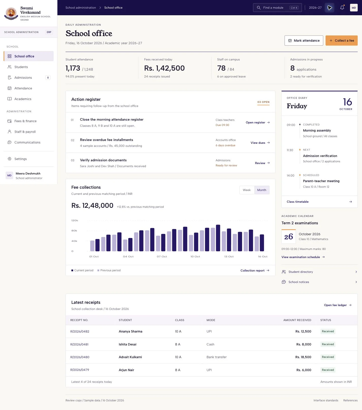 Original design prototype: action register, collection overview and office diary. All records and amounts are fictional.